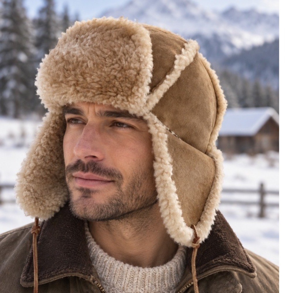 LL Bean Mens Shearling Trapper Hat Brown Suede Sheepskin Bomber Ear Flap Cap L